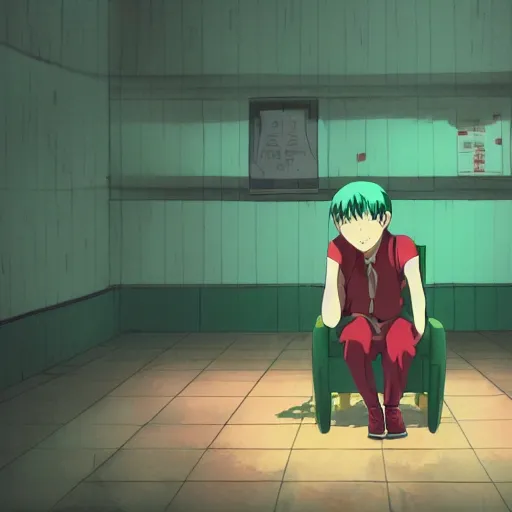 Prompt: anime boy alone in the dark cinema, green hair, red chair, lonely, screenshot from the film by Makoto Shinkai, Studio Ghibli, trending on pixiv