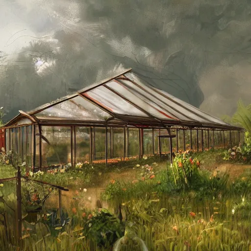 Image similar to painting of an old ancient greenhouse, ruined greenhouse, concept art, artstation, old painting, wild garden