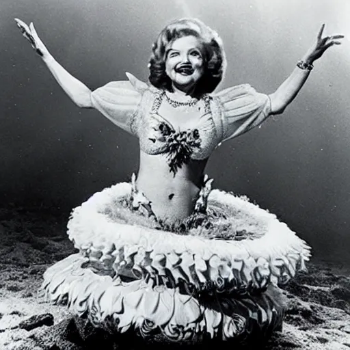 Prompt: Betty White as a mermaid, performing on an underwater stage