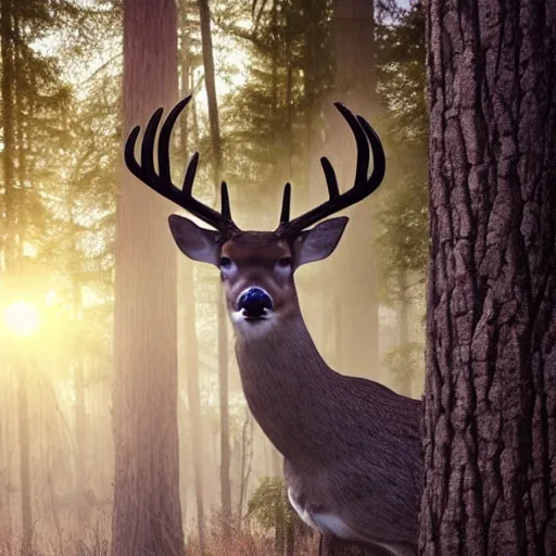 Image similar to a close up of a deer with!!! laser - eyes, background of a landscape misty forest scene, the sun shining through the trees