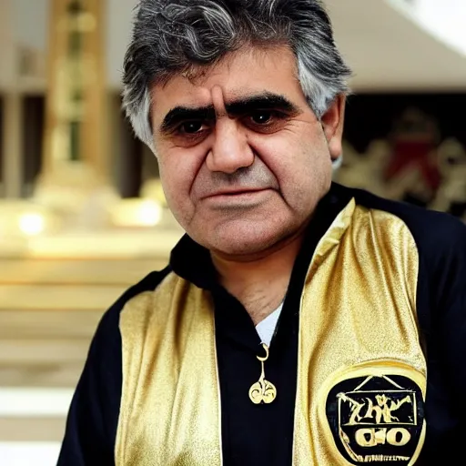 Image similar to jafar panahi mixed with gordon brown, clean shaven, wearing an umbro sports tracksuit and gold necklace with large star shaped intricate gold medallion