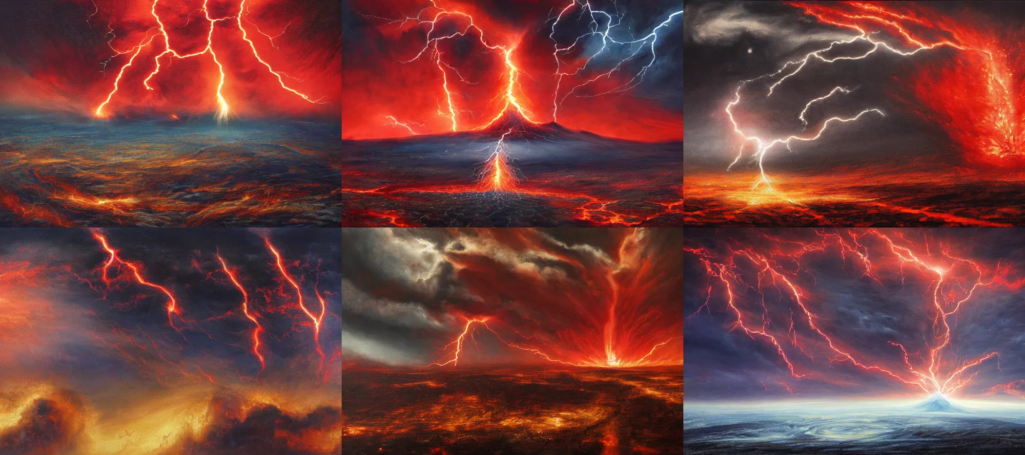 Prompt: epic apocalyptic painting of the end of the world, a gigantic cosmic being visible in the sky reaching his smoky hand into the earth, lava and fire bursting out of the ground as the ground splits open, sky roiling with angry clouds and dust, lightning, red tint, dramatic lighting, epic feels, apocalyptic scenery, smoke and dust, highly detailed, vivid colors, oil on canvas, by Greg Rutkowski and Craig Mullins, 8k