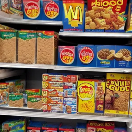 Image similar to mcdonald's cereal box on a grocery store shelf