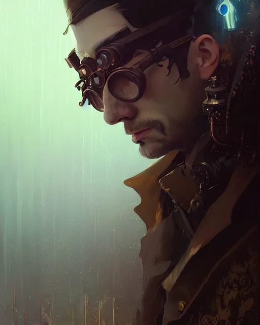 Prompt: a mysterious man, aristocrat cloak, steam punk, mechanical parts, fantasy, digital painting by ilya kuvshinov, greg rutkowski, wlop, james jean, victo ngai, beautifully lit, muted colors, highly detailed, dynamic pose, artstation, fractal arrows, fantasy art, intricate background by craig mullins, thomas kinkade