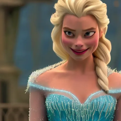 Image similar to Margot Robbie as Elsa in disney frozen live action, 8k full HD photo, cinematic lighting, anatomically correct, oscar award winning, action filled, correct eye placement,