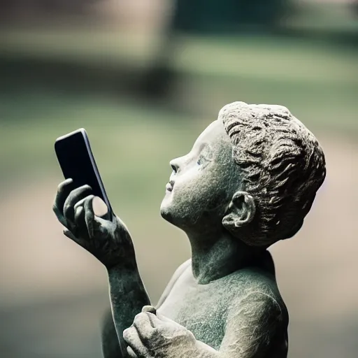 Image similar to a stone statue of a girl playing with a stone phone, 5 0 mm lens, f 1. 4, sharp focus, ethereal, emotionally evoking, head in focus, volumetric lighting, 8 k