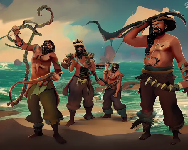 Image similar to sea of thieves concept art for a new large unreleased enemy type tribal men humans, cgsociety, trending on artstation, rare ltd,