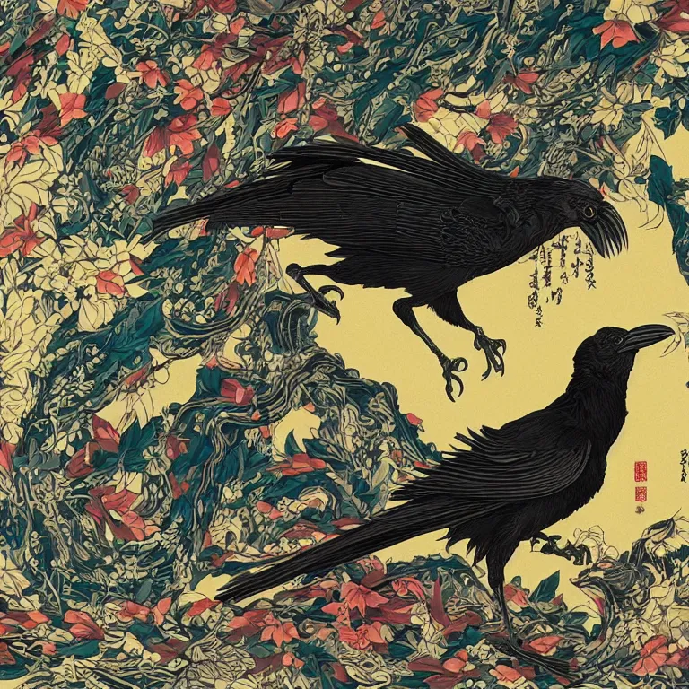 Prompt: black raven bird, james jean style, utagawa kunisada style, vfx art, unreal engine render, claymation style, colourful, volumetric light, digital painting, digital illustration, dramatic light,