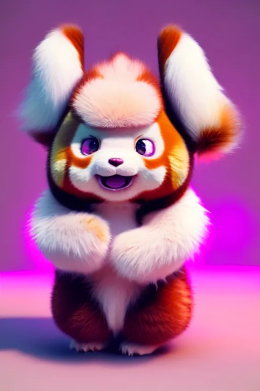 Image similar to high quality 3 d render hyperrealist very cute pastel fluffy! grumpy dragon red panda hybrid eating giant ice cream full body, vray smooth, in the style of detective pikachu, hannah yata charlie immer, dramatic pink light, low angle, uhd 8 k, sharp focus