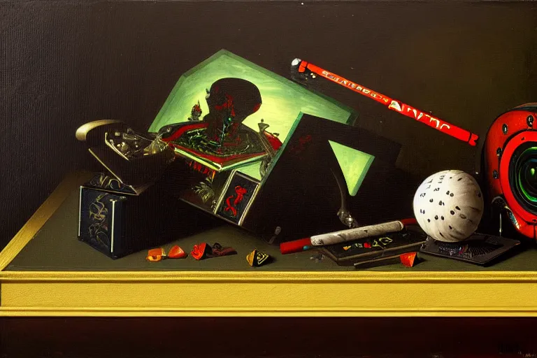 Image similar to a vanitas painting depicting an NVIDIA RTX A100 GPU, graphics card