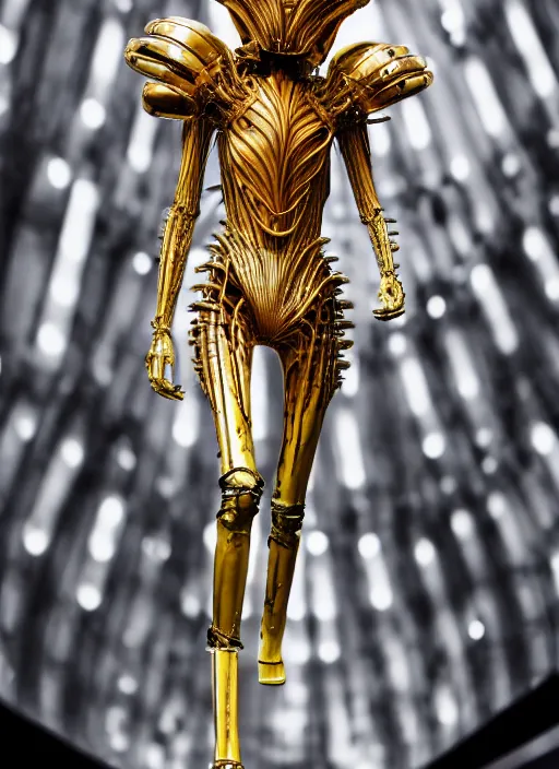 Image similar to walking down the catwalk, show, stage, vogue photo, podium, fashion show photo, iris van herpen baroque dress, beautiful woman, perfect body, full body shot, helmet on face, masterpiece, guyver, giger, biomechanical details, denis villeneuve, movie still, fauvism, cinestill, bokeh