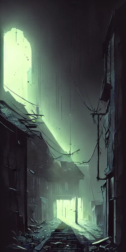 Image similar to abandoned appcalyptic old alley, epic sunlight, perfect lightning and dramatic atmosphere, illustration by niko delort,