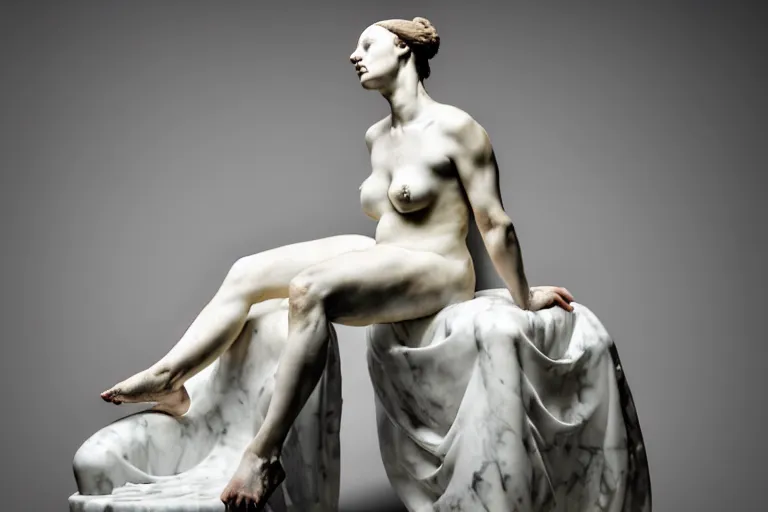 Image similar to a sculpture of a renaissance girl sitting on a top of the chair, a white marble sculpture covered with floating water by nicola samori, behance, neo - expressionism, marble sculpture, apocalypse art, made of mist, medium shot