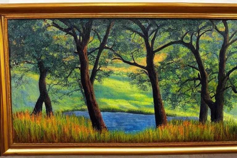 Image similar to masterpiece painting of oak trees on a hillside overlooking a creek, dramatic lighting, by tom hammick