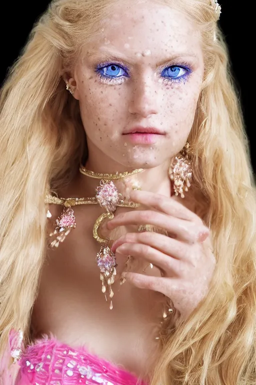 Image similar to close up headshot of a princess with long blonde hair and light blue eyes wearing a strapless elaborately beaded pink dress, high resolution film still, 8k, HDR color, film by Simon Langton and David Frankel, triangular face, very light freckles, round narrow chin, straight jawline, natural lips, high cheekbones, beautiful gazing eyes