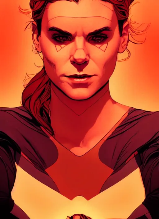 Prompt: Rafeal Albuquerque comic art, Joshua Middleton comic art, cinematics lighting, sunset colors, pretty Kate Mara Enchantress DC comics, angry, symmetrical face, symmetrical eyes, full body, flying in the air, night time, red mood