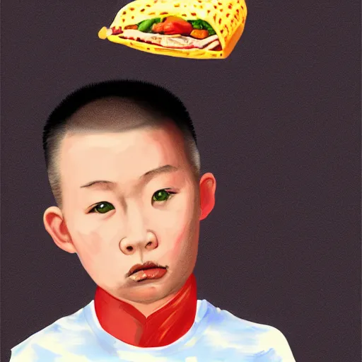 Image similar to dramatic portrait of chinese boy buzz cut, holding a taco, digital painting