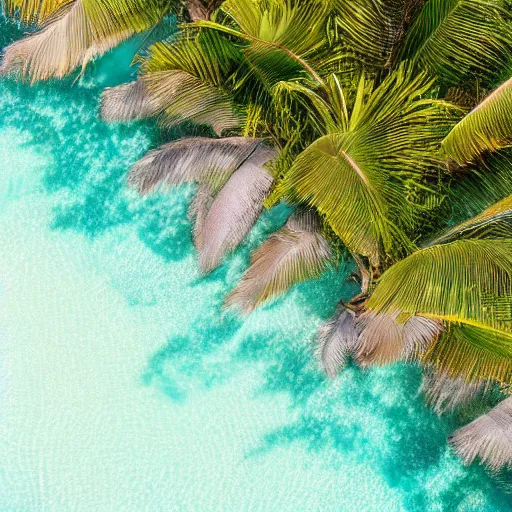 Prompt: high quality color aerial view photo of a tropical island with a sparkling pool and palm tree leaves on the edges, pastel faded effect, synthwave colors