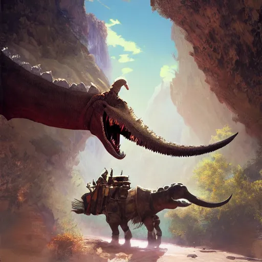 Image similar to ! dream the expedition with explores, warriors and adventurers, being brought by gigantic dinosaurs, the desert of duhnes medium shot, studio ghibli animation, anime key art by craig mullins, bloom, dramatic lighting