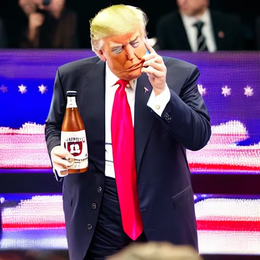 Image similar to donald trump drinking root beer infront of an audience, photography