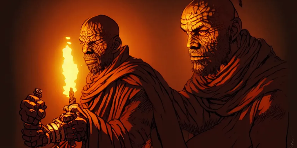 Image similar to monk character portrait, sprite, darkest dungeon, pc game, sideview, art by moebius and greg rutkowski.