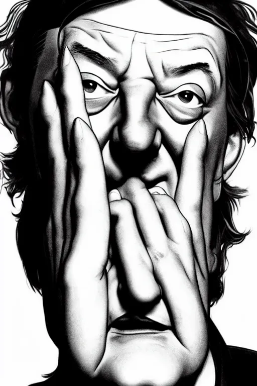 Image similar to stephen fry winking his left eye at the camera, in the style of art by artgerm and greg rutkowski and alphonse mucha