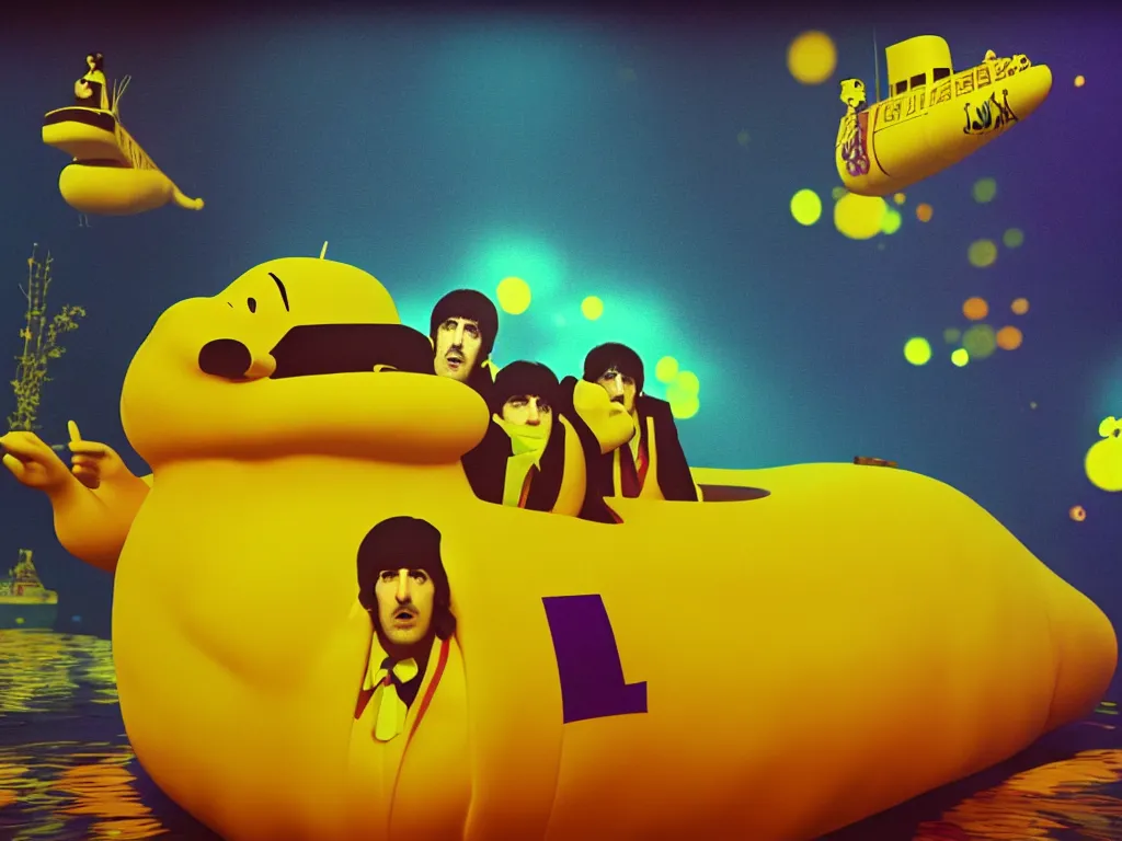 Image similar to yellow submarine by the beatles, photorealistic painting, cgi, low volumetric light, movie still, very cute and cozy and fluffy and sweet