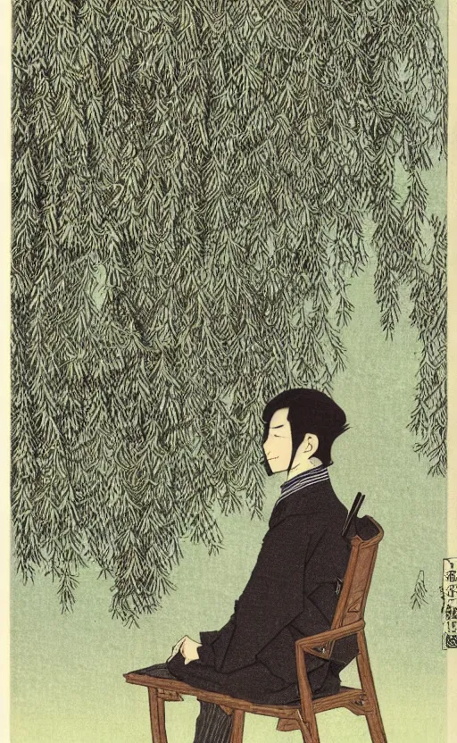 Prompt: by akio watanabe, manga art, a male calligrapher sitting on chair with brown hair and beard, willow tree and hill, trading card front, kimono, realistic anatomy, sun in the background