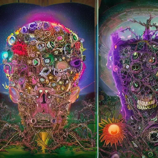 Prompt: sinister eldritch neural diaphanous skullpunk spirits in the enchanted intergalactic mecha garden, man - machine chimeric beholder polyphemous by okuda san miguel by jerimiah ketner by tatsuyuki tanaka by agostino arrivabene and wayne england