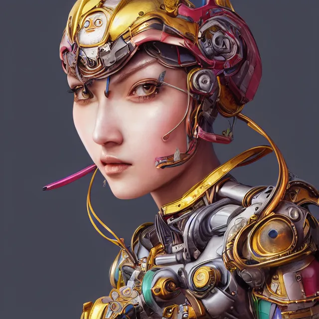 Image similar to studio portrait of lawful good colorful female holy mecha paladin absurdly beautiful, elegant, young sensual graceful woman, ultrafine hyperrealistic detailed face illustration by kim jung gi, irakli nadar, intricate linework, sharp focus, bright colors, matte, octopath traveler, final fantasy, unreal engine highly rendered, global illumination, radiant light, intricate environment