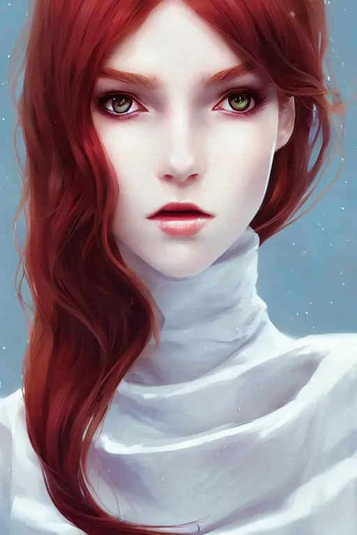 Image similar to beautiful pale vampire with auburn hair in a white turtleneck dress, on a super yacht, by guweiz and wlop and ilya kuvshinov and and moebius, artgerm, symmetrical eyes, aesthetic, gorgeous, stunning, alluring, attractive, half body portrait, artstation, deviantart, pinterest, digital art