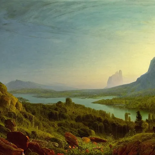 Image similar to the valley of dreams, artwork by Caspar David Friedrich and Frederic Erwin Church