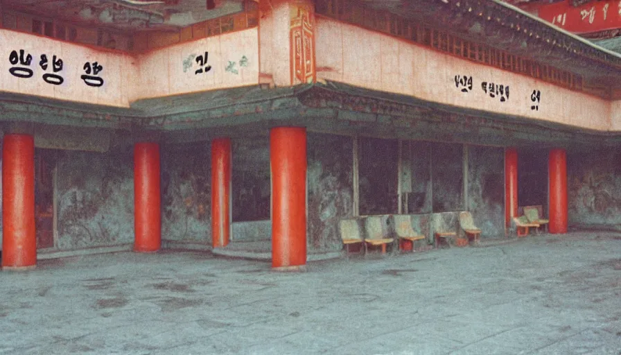 Prompt: 70s movie still of empty north-korean restaurant palace with propaganda fresco stalinist style, eastmancolor, heavy grain, high quality, higly detailed