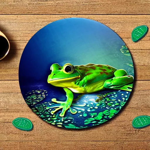 Prompt: graphic design perfect frog pattern realistic circular lily pads in a lake