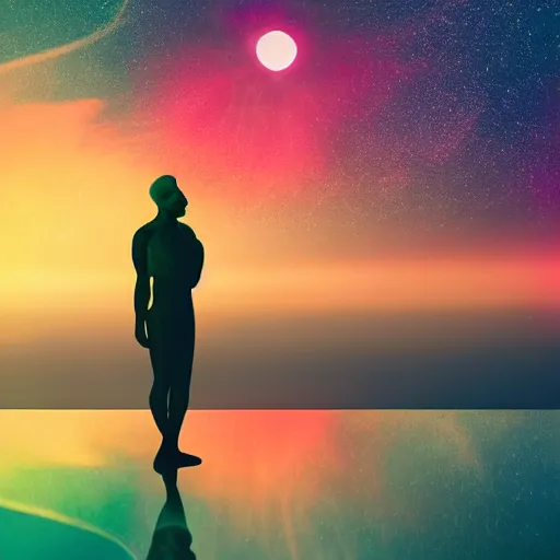 Image similar to A picture of a planet of various colors and plants, in which the human figure is dressed in something magical and impressive, inside the picture is infinity, sunset light, Atmospheric phenomenon, artistic photography, muted colors, conceptual