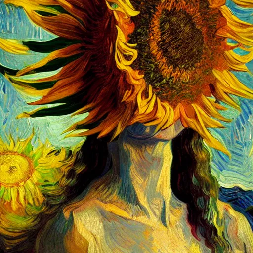 Image similar to closeup, giant sunflower head, woman standing in a room, surreal, dramatic light, impressionist painting, digital painting, artstation, van gogh