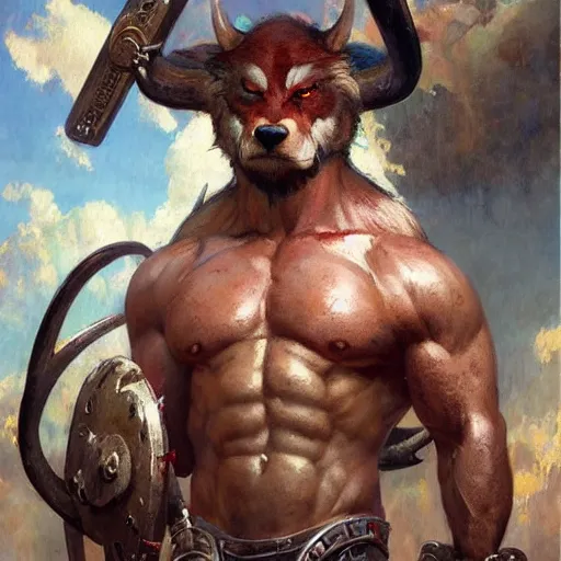 Prompt: bull bullman wolfman furry fursona bodybuilder furry body furry arms, gaston bussiere, artgerm, greg rutkowski, john berkey, ruan jia, jack kirby, marvel