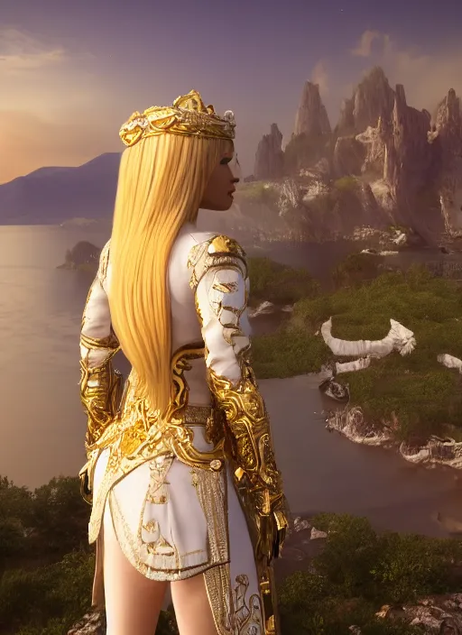 Image similar to a photo of 8 k ultra realistic humanoid princess with long blonde hair, standing next to a beautiful view, ornate white officers outfit with gold embellishments, cinematic lighting, trending on artstation, 4 k, hyperrealistic, focused, extreme details, unreal engine 5, cinematic, masterpiece