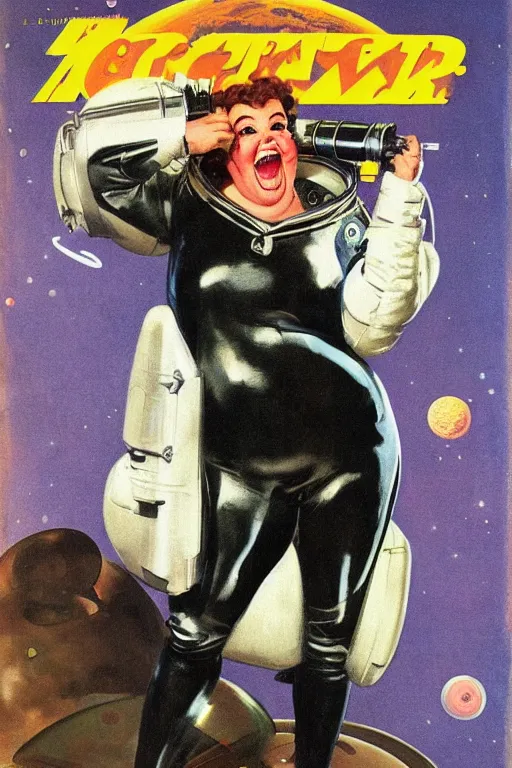 Image similar to 5 0 s pulp scifi fantasy illustration full body portrait laughing overweight woman in leather spacesuit, space scene, by norman rockwell, roberto ferri, daniel gerhartz, edd cartier, jack kirby, howard v brown, ruan jia, tom lovell, frank r paul, jacob collins, dean cornwell, astounding stories, amazing, fantasy, other worlds