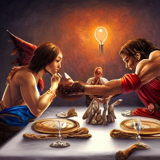 Image similar to A demon arm wrestling an angel on a dinner table, fantasy art, 8k, high resolution photography
