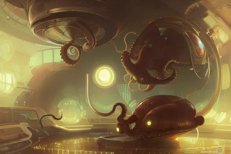 Image similar to adorable baby octopus in a space station, elegant, intricate, retrofuturistic digital painting, artstation, concept art, smooth, sharp focus, illustration, art by artgerm and greg rutkowski and alphonse mucha