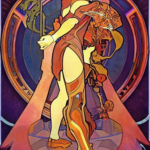 Prompt: Samus from Nintendo by Alphonse Mucha, high detail, peaceful colors