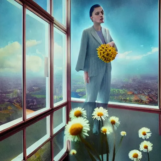 Prompt: huge daisy flower as head, a woman in a suit, standing next to modern window in luxury apartment, surreal photography, sunlight, impressionist painting, digital painting, artstation, simon stalenhag