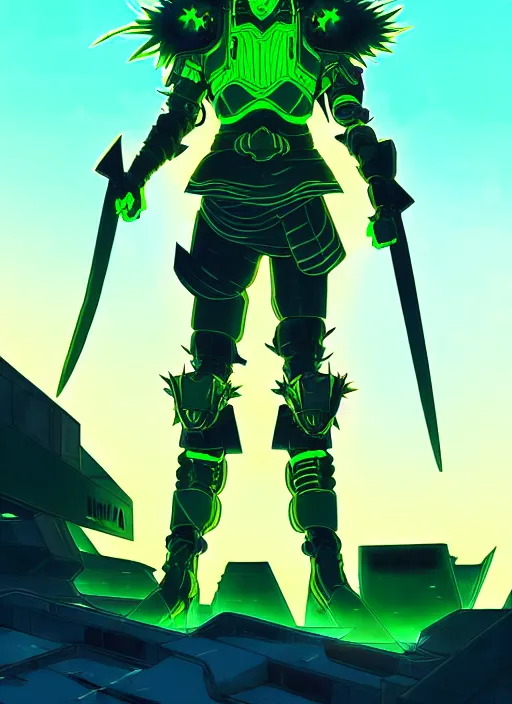 Image similar to a striking cinematic anime full body portrait of a male warrior with long blonde hair and blue eyes wearing evil green spiked cyberpunk armour and standing in the desolate burning ruins of a futuristic city by hirohiko araki and beeple, fine details, digital art, character concept art