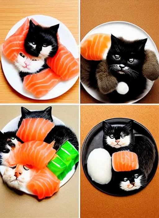 Image similar to clear photorealistic picture of adorable cats made out of sushi