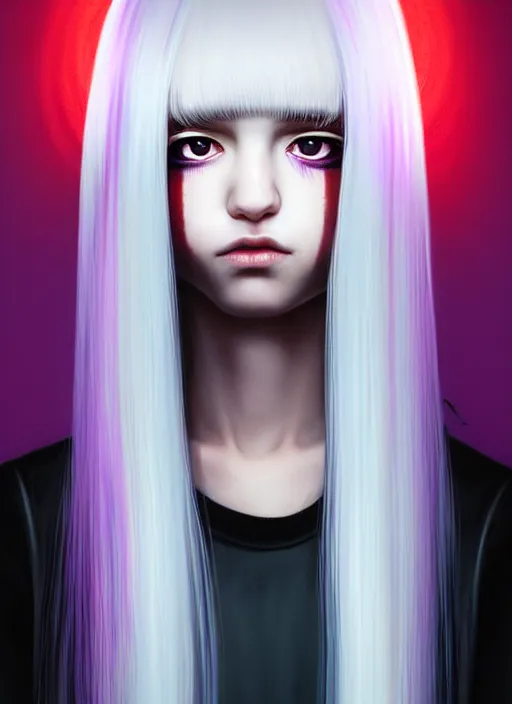 Image similar to hair whitebangs hair, black hair, blackbangswhitehair, portrait of teenage girl with white bangs, red irises, purple clothes, white bangs, bangs are different color from hair, intricate, elegant, glowing lights, highly detailed, digital painting, artstation, concept art, sharp focus, illustration, art by wlop, mars ravelo and greg rutkowski