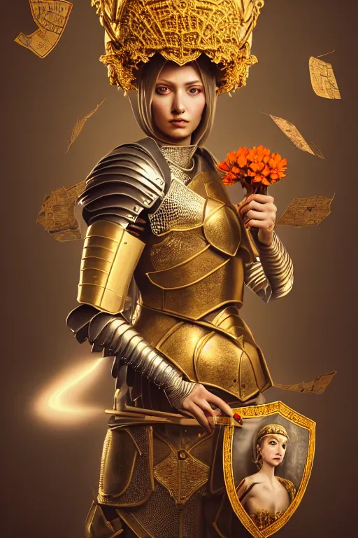 Image similar to hyperdetailed matte illustration of a female knight wearing an ornate gold headpiece and holding a flower with a map of the collective subconscious in the background by octane render