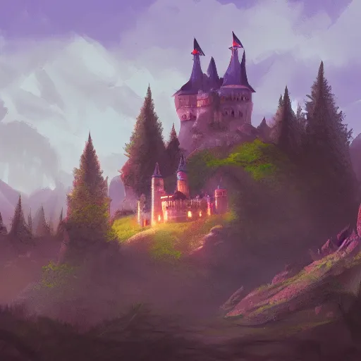 Prompt: a castle on a hill, in the middle of a forest, dusk, landscape, concept art, painting