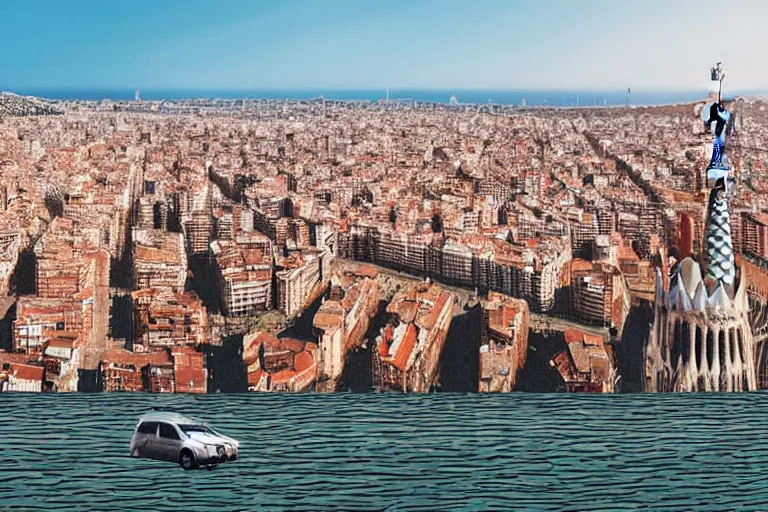 Image similar to touristic brochure to visit a catastrophic barcelona, buildings covered with high water, floating cars, catchy graphic design, photo real