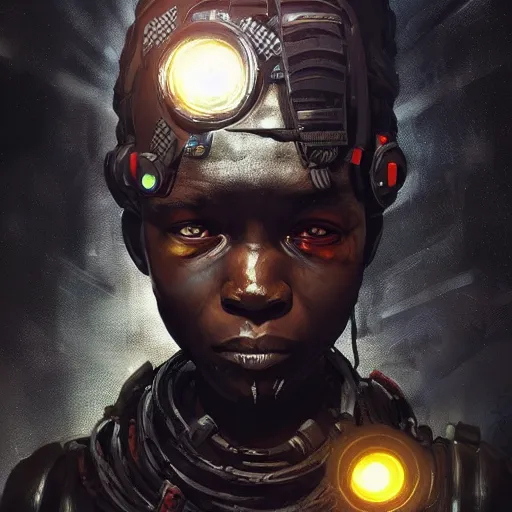 Prompt: a dark and ominous cyborg african child soldier with glowing eyes, Apex Legends character digital illustration portrait design, by android jones and greg rutkowski in a cyberpunk voodoo style, detailed, cinematic lighting, wide angle action dynamic portrait